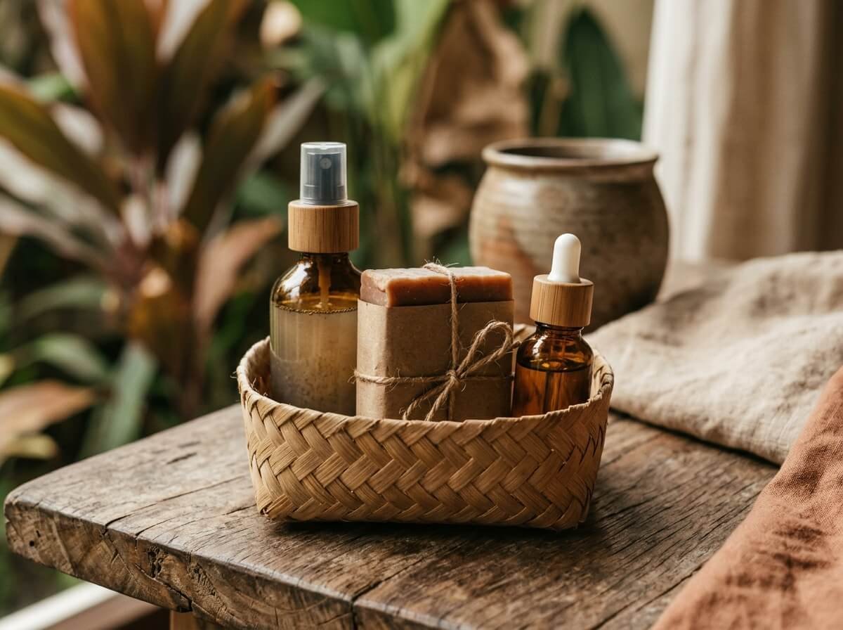 zero waste skincare starter kit with refillable bottle, paper-wrapped soap, and dropper bottle