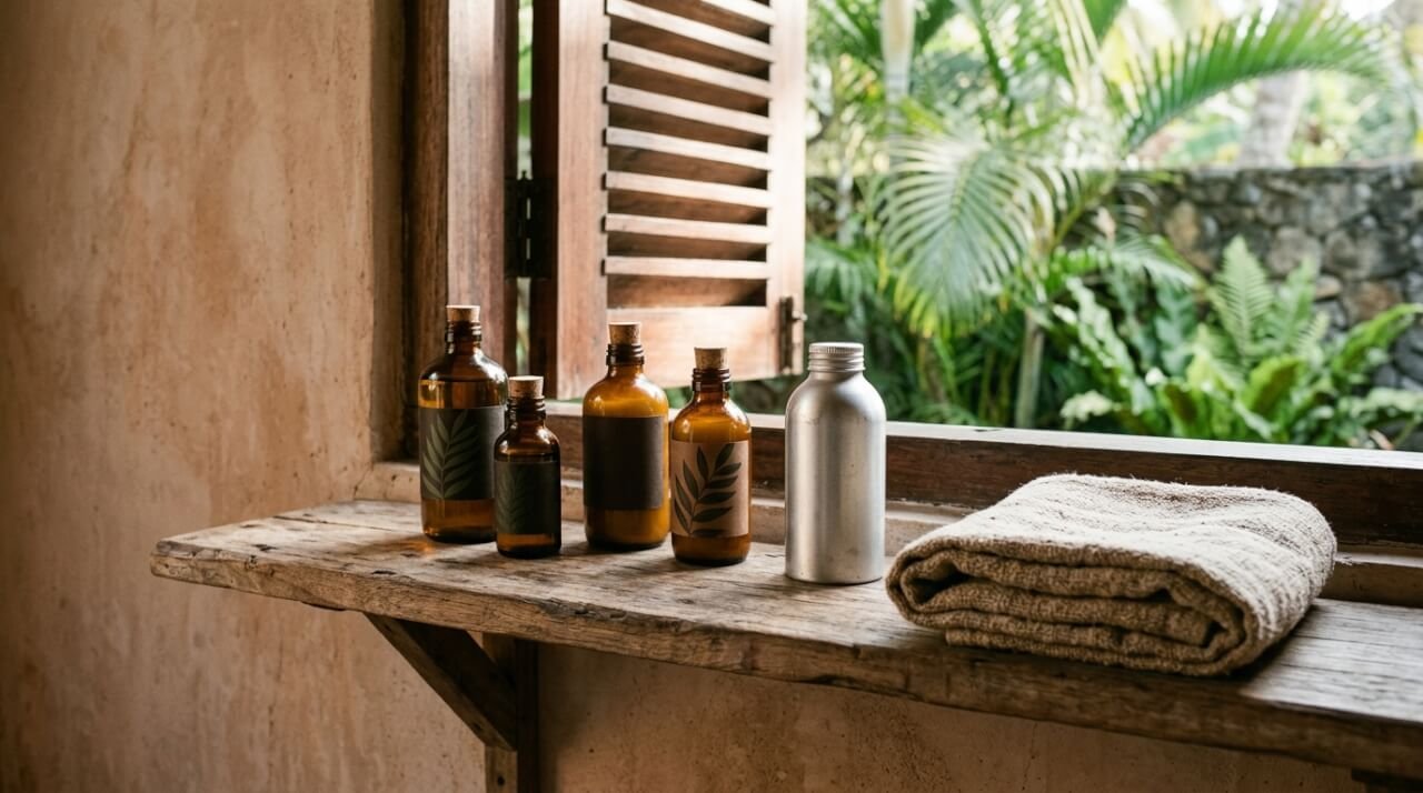 Zero waste skincare routine with refillable glass bottles on a wooden shelf