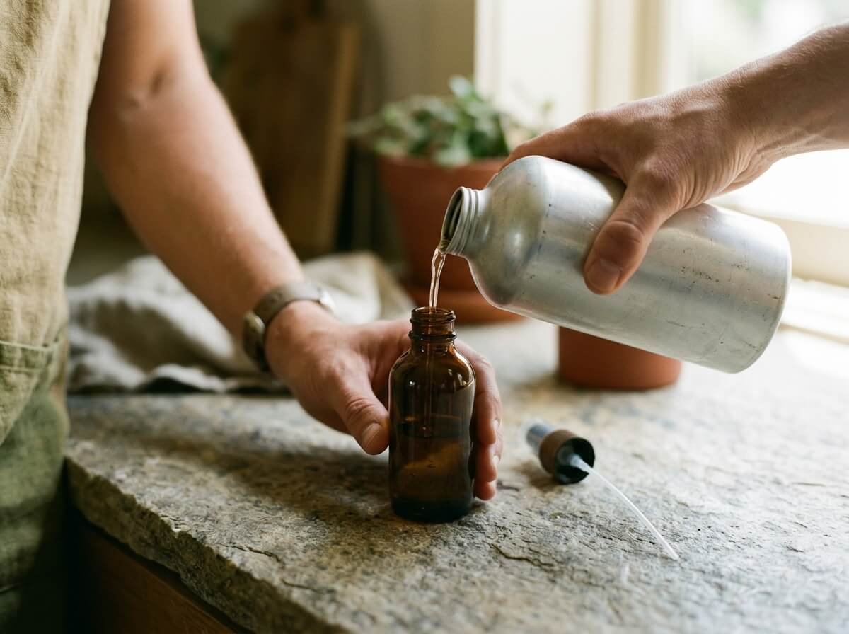 Pouring a refill into a reusable glass bottle as part of a zero waste skincare routine