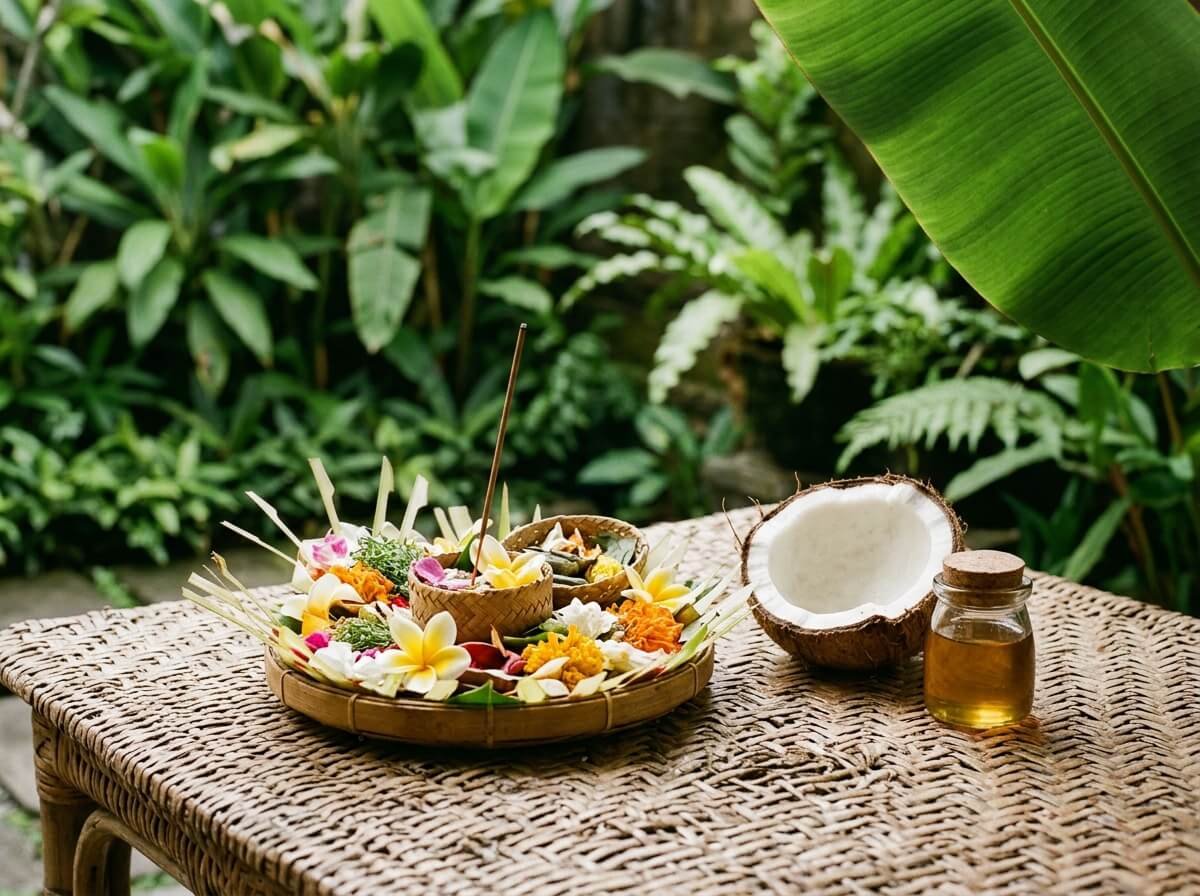 Traditional Balinese ingredients showing coconut oil and woven rattan as zero waste skincare design