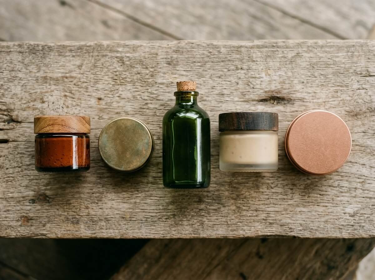 Five refillable skincare containers arranged for a zero waste routine