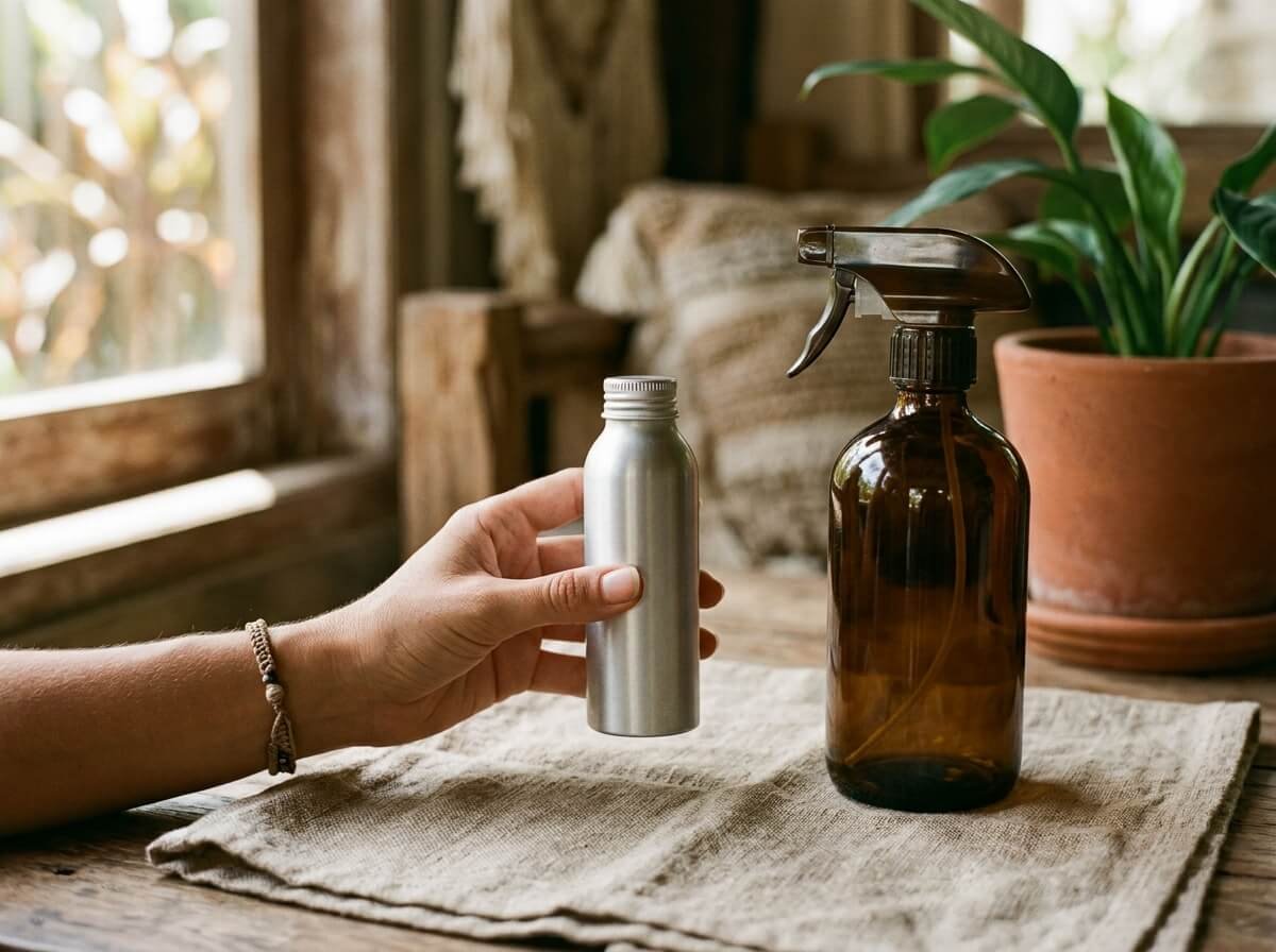 Refill can beside a reusable spray bottle showing an easy zero waste switch