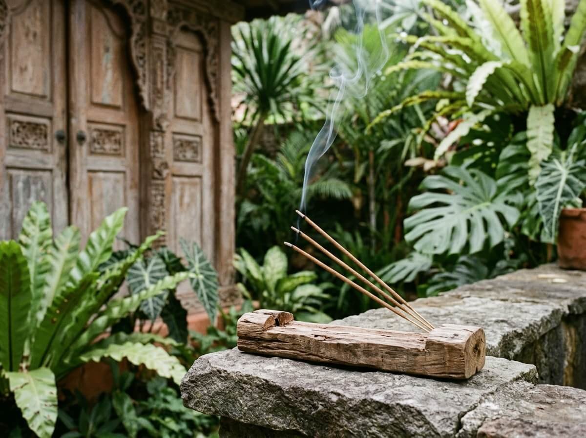 Natural Balinese incense sticks in a reclaimed wood holder
