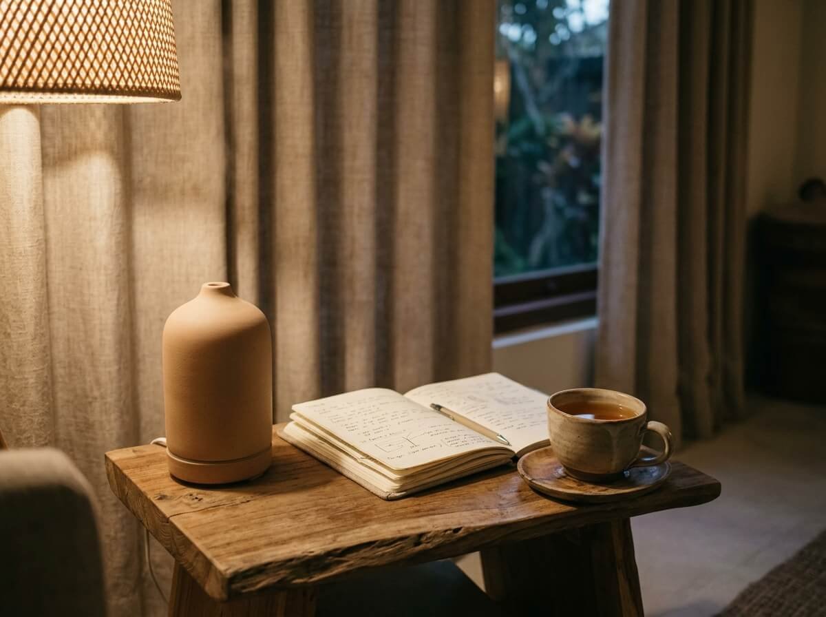 A ceramic diffuser on a side table at dusk for a calming bergamot ritual