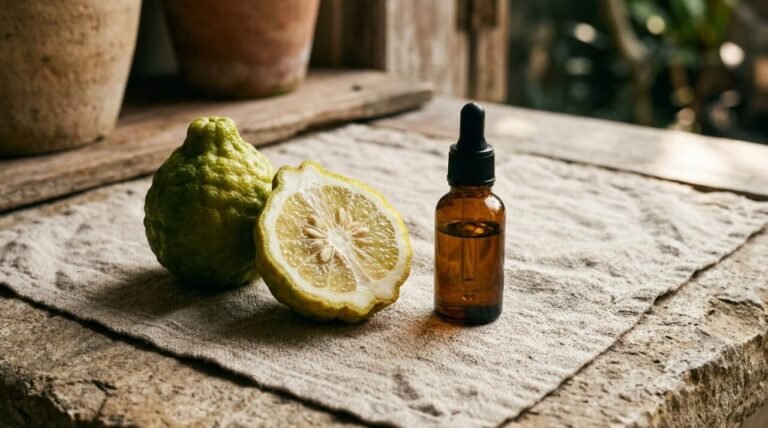 Bergamot fruit and an amber bottle of bergamot essential oil on linen