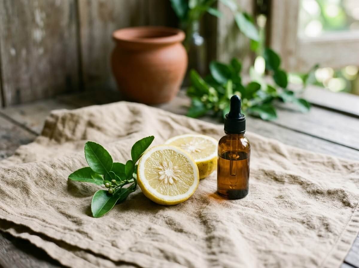 Bergamot citrus and essential oil on linen in soft morning light