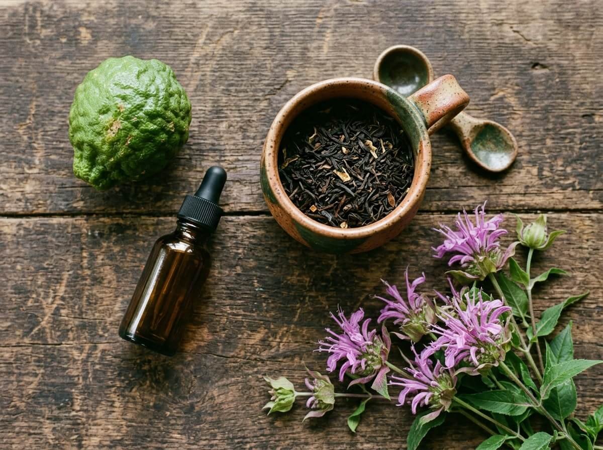 Bergamot fruit, bergamot essential oil, black tea, and wild bee balm flowers side by side