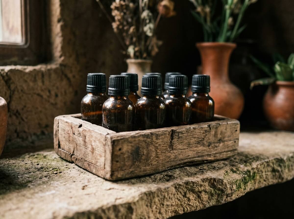 Amber essential oil bottles stored in a wooden box away from light and heat