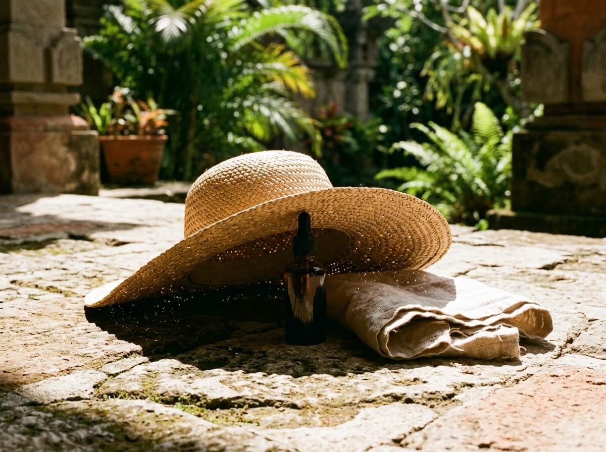 An amber bottle of bergamot oil kept in the shade of a straw hat on a sunny terrace
