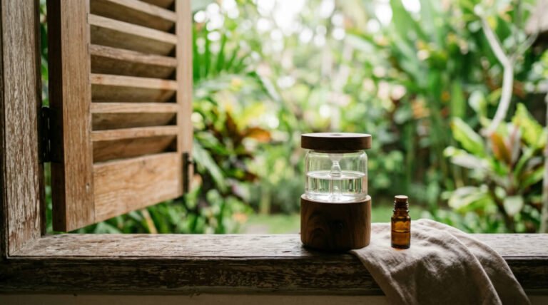 Wooden essential oil diffuser on a sunlit windowsill beside an open shutter