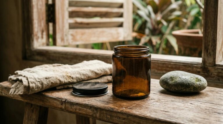 Plain amber glass jar on a teak bench beside a folded linen towel in morning light