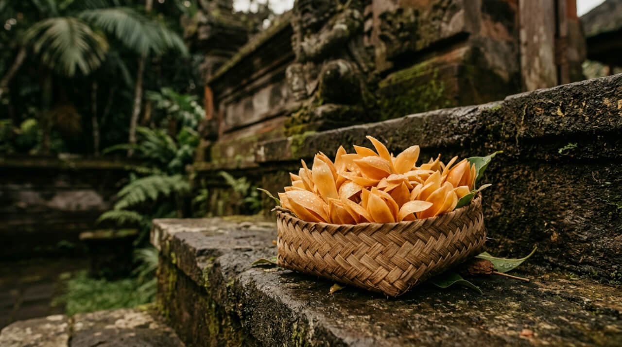 cempaka blossoms in a woven basket at dawn