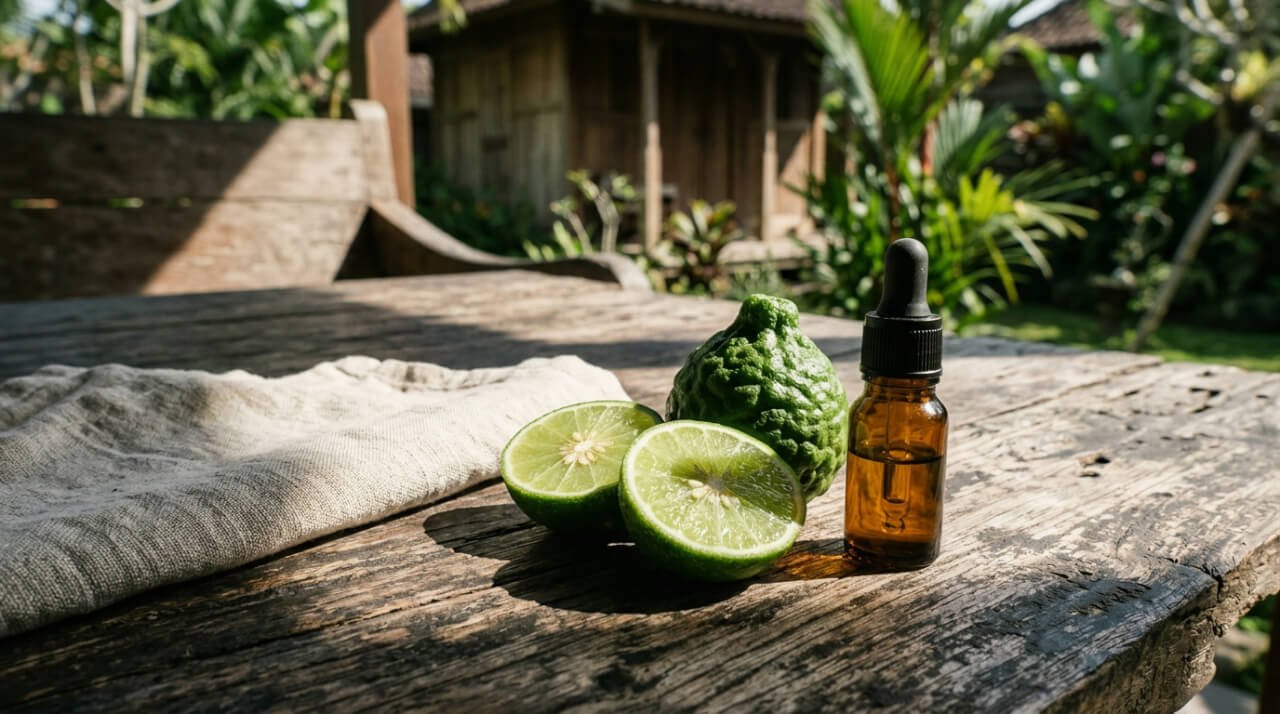 Halved limes and an amber oil bottle on a teak table, half in sun and half in shade