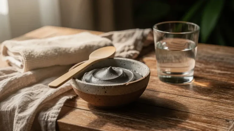 Bowl of grey volcanic clay paste with wooden spatula beside a cotton towel on a teak table