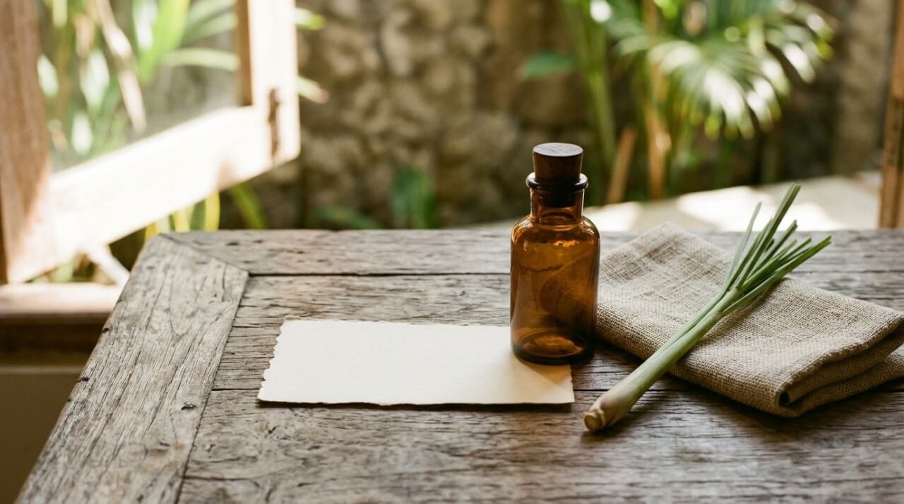 Blank postcard and amber glass bottle on a teak table with linen and lemongrass