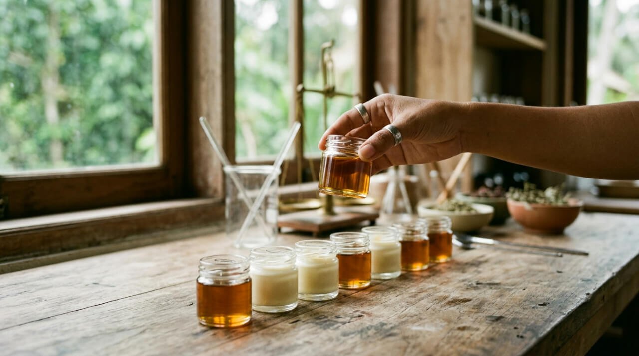 Glass sample jars of botanical oil and body butter on a teak workbench, one lifted to the light for checking