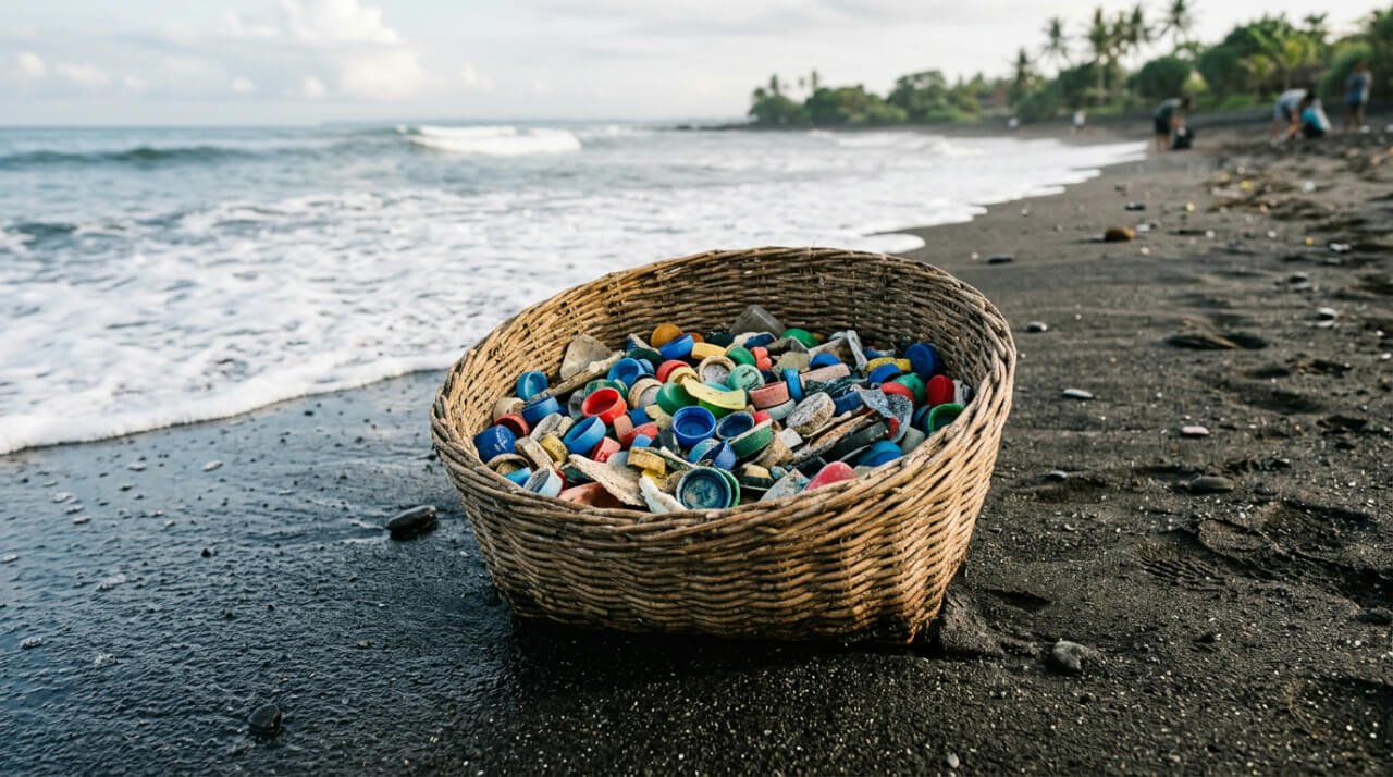 Woven basket of collected plastic fragments on a Bali beach at the tide line