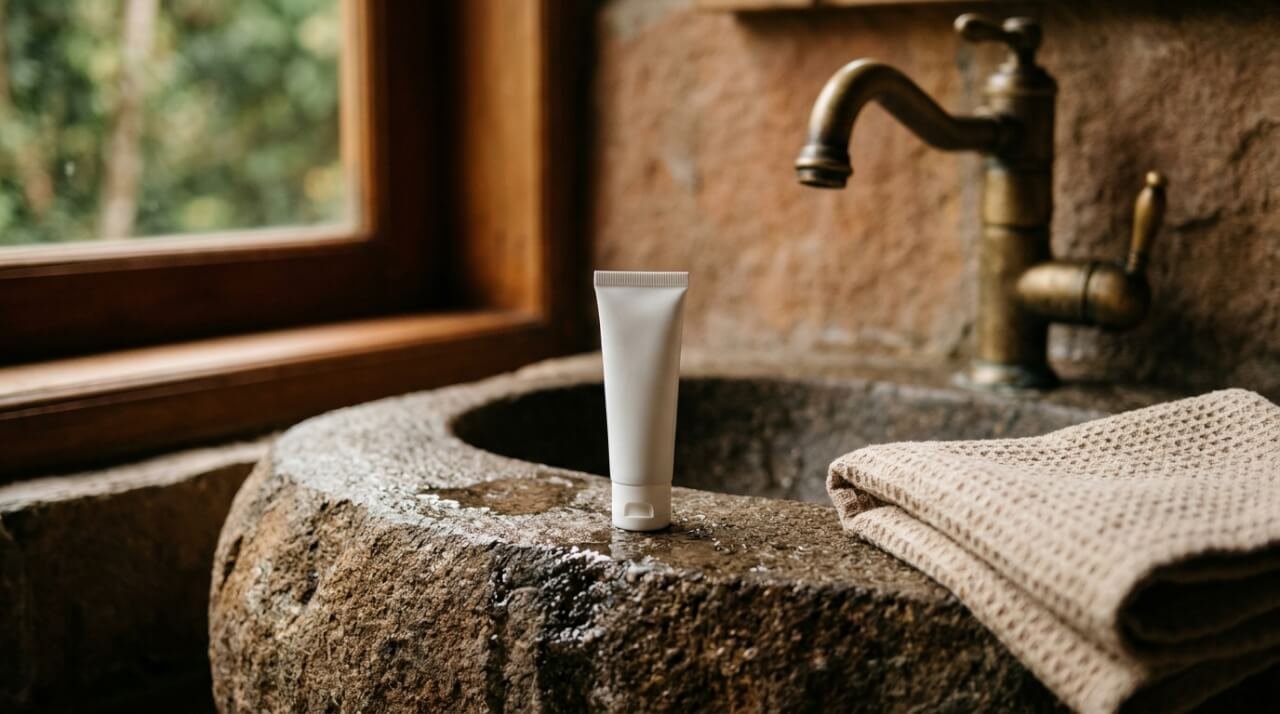 Hand cream beside a stone washbasin with a linen towel