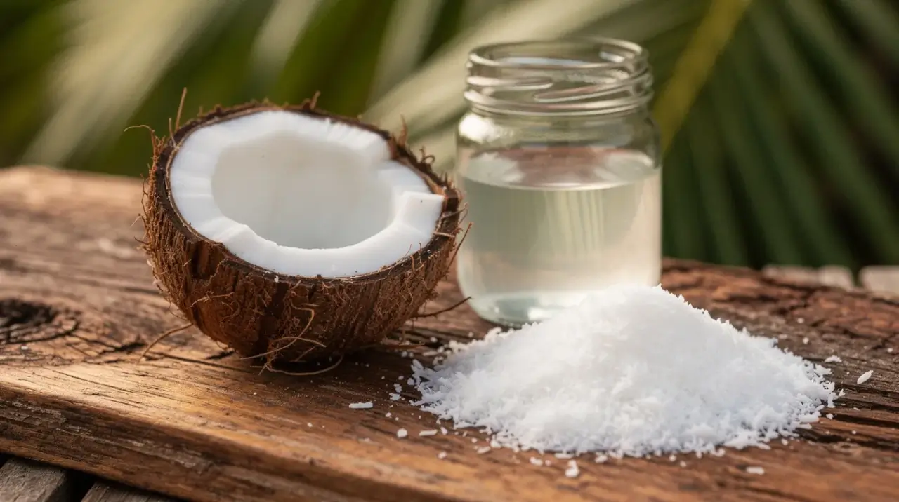 Halved coconut, grated coconut, and a glass jar of virgin coconut oil on a teak board