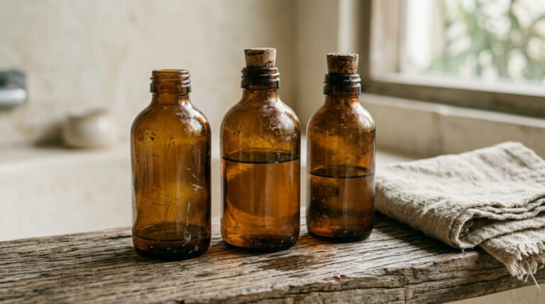Three well-used amber glass bottles on a weathered teak shelf in morning light