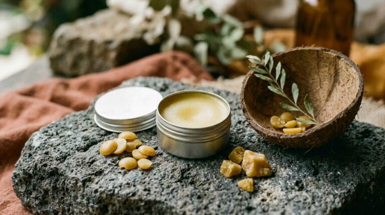 Open tin of beeswax and coconut lip balm on volcanic stone