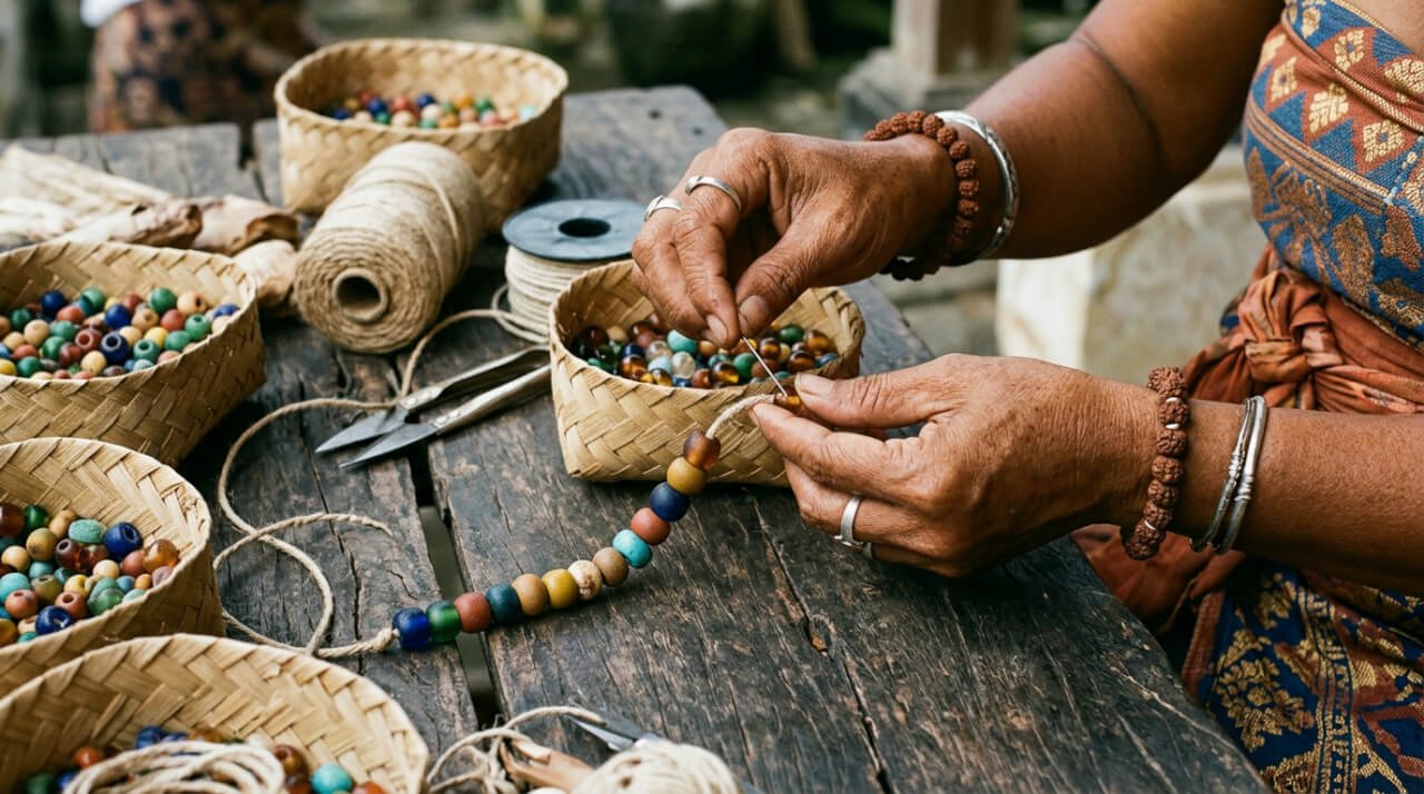 Balinese women threading beads by hand at a community craft table