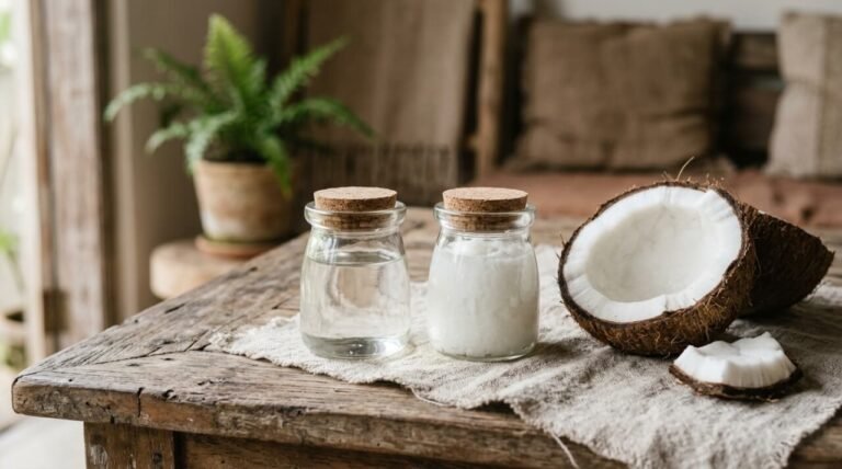 Two jars of virgin coconut oil, one liquid and one solid, beside a halved coconut on teak