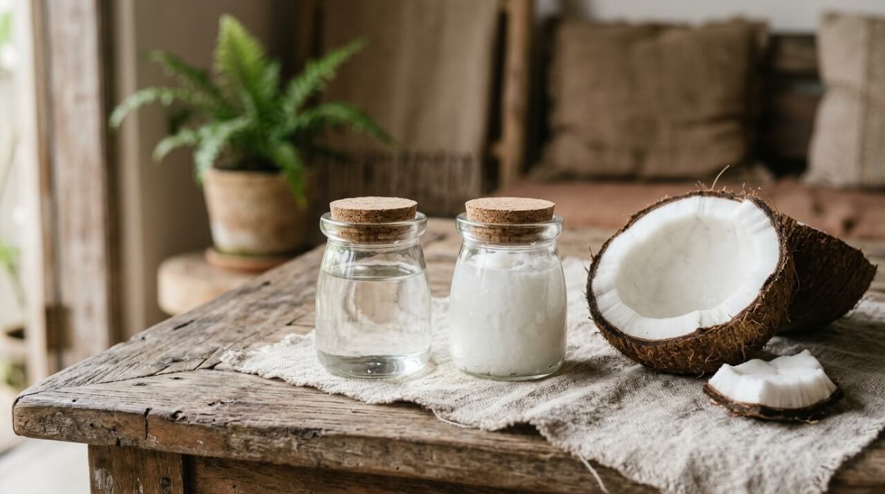 Two jars of virgin coconut oil, one liquid and one solid, beside a halved coconut on teak