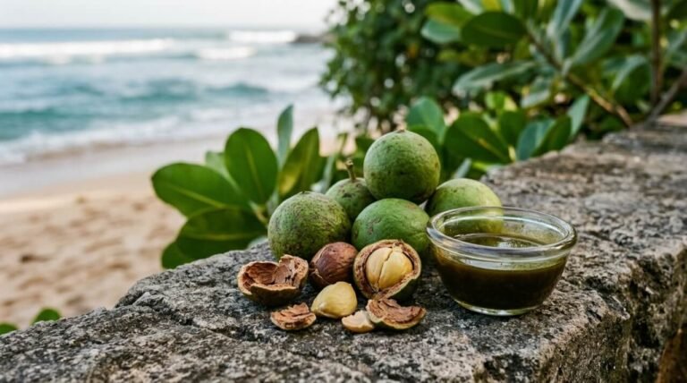 Tamanu fruits, sun-dried nyamplung nuts, and a dish of green-gold tamanu oil on a coastal stone ledge