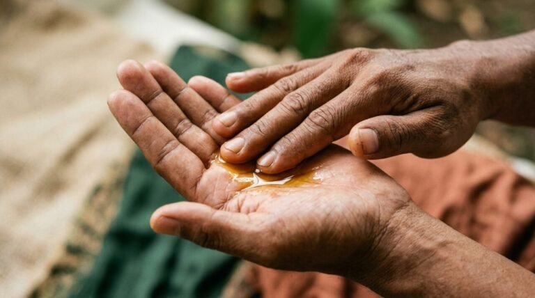 hands warming golden body oil between palms