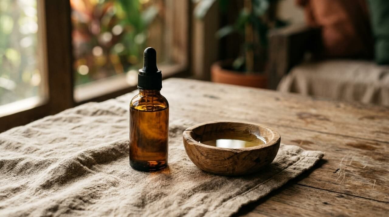Amber dropper bottle and wooden bowl of oil on linen in morning light