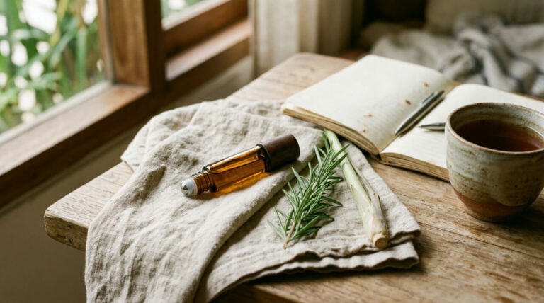 Amber essential oil roller on a linen cloth beside a notebook and tea on a wooden desk in morning light