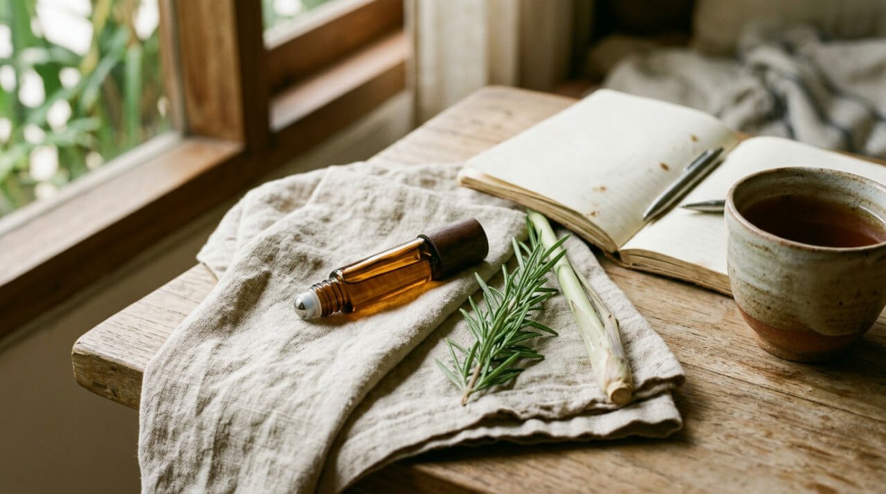 Amber essential oil roller on a linen cloth beside a notebook and tea on a wooden desk in morning light