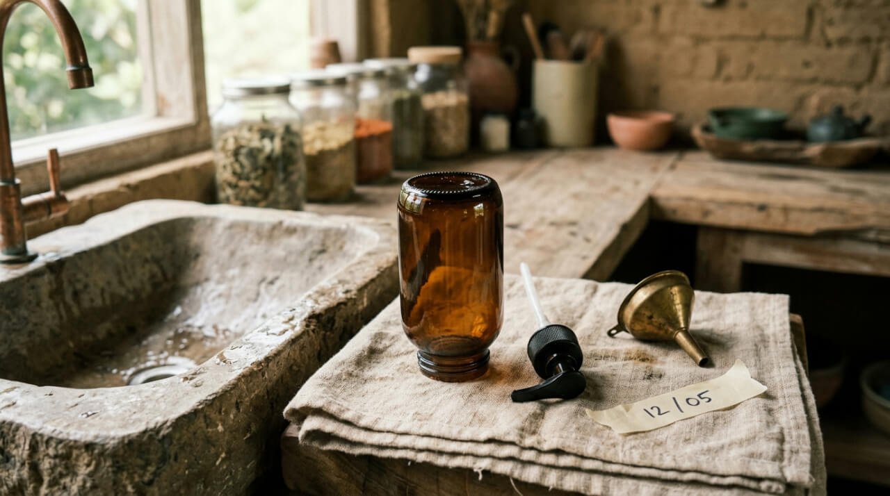Empty amber glass pump bottle air-drying upside down on linen beside a stone sink before refilling