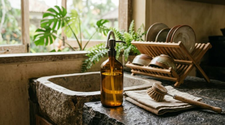 Refillable amber glass dish soap bottle beside a stone kitchen sink