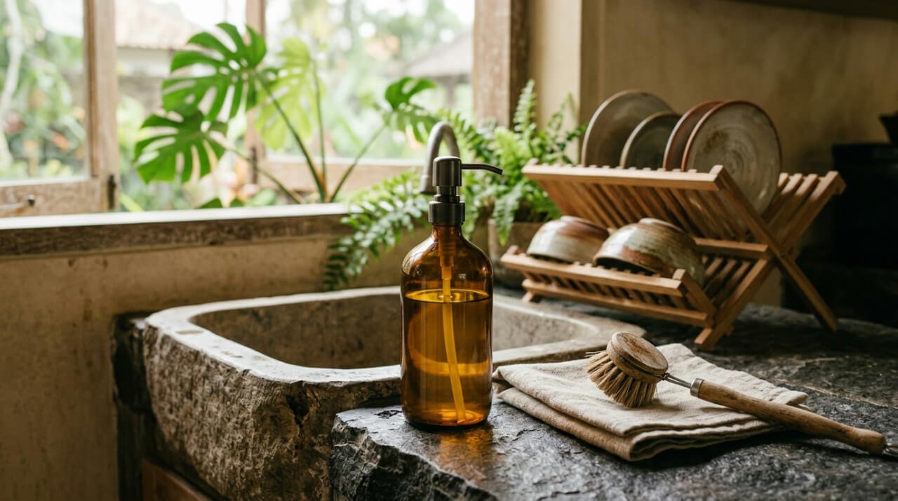 Refillable amber glass dish soap bottle beside a stone kitchen sink