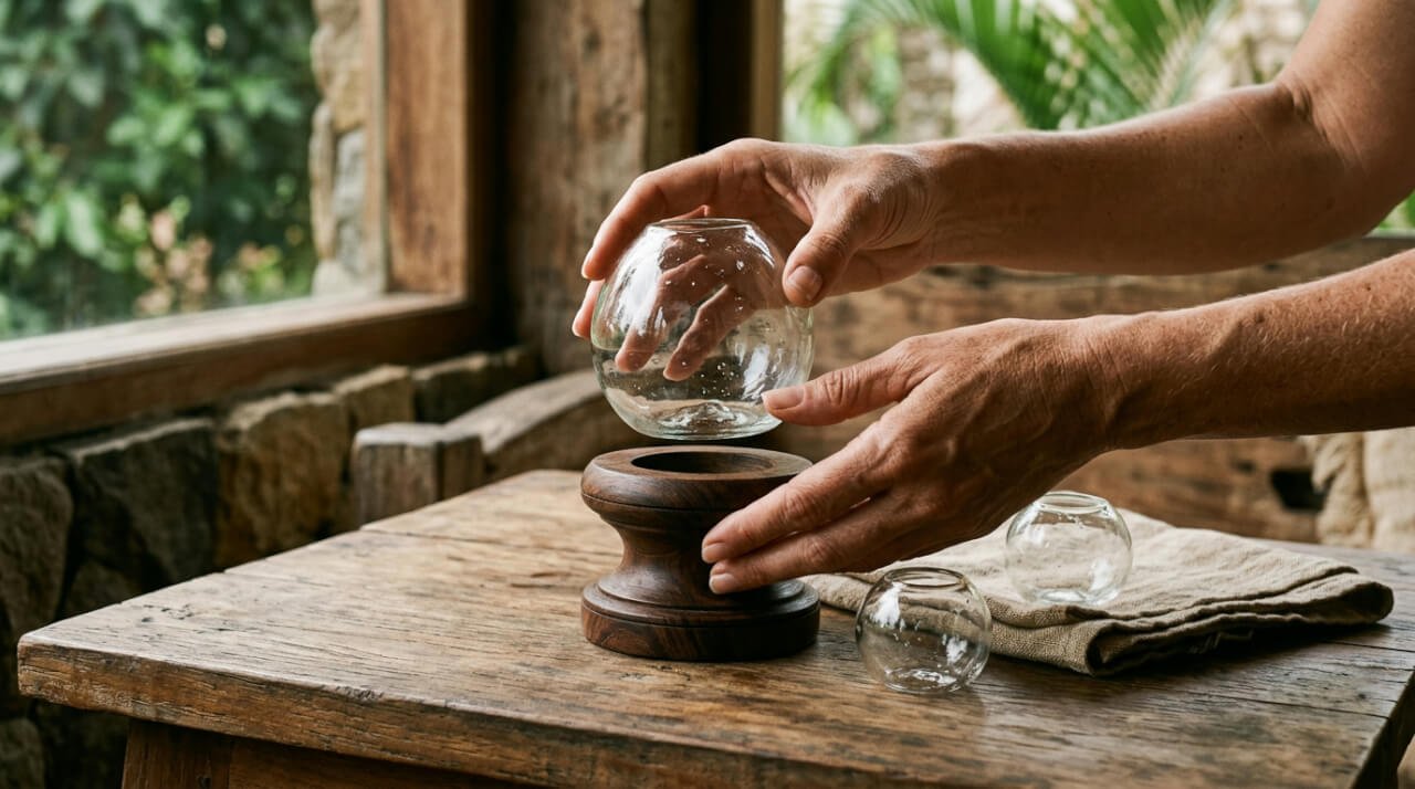 Hand-blown glass diffuser part resting beside a hardwood base on a teak table