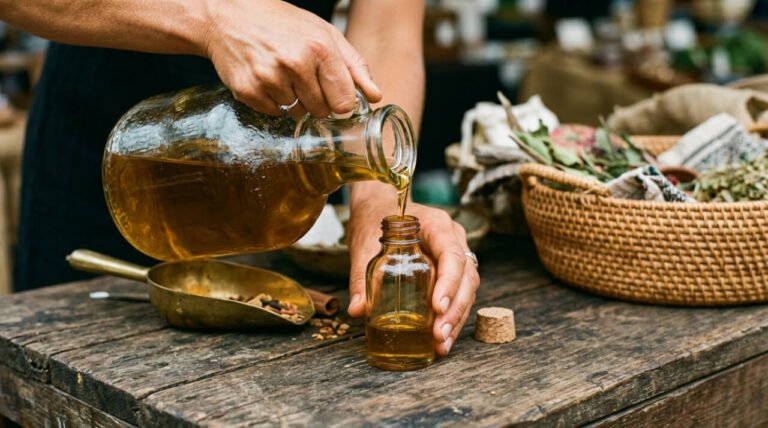 hand refilling a glass bottle with oil from a market jug