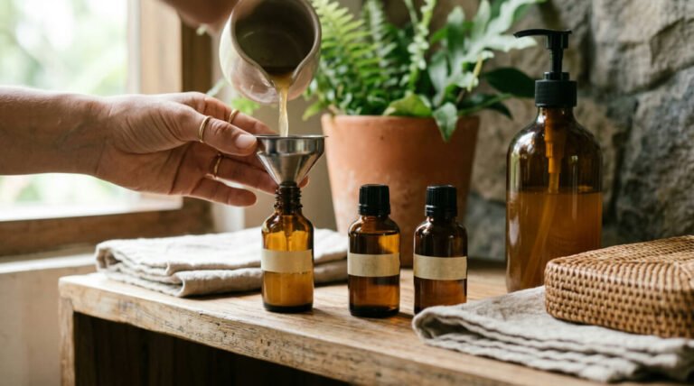 Amber glass travel bottles being filled from a larger bottle on a teak shelf