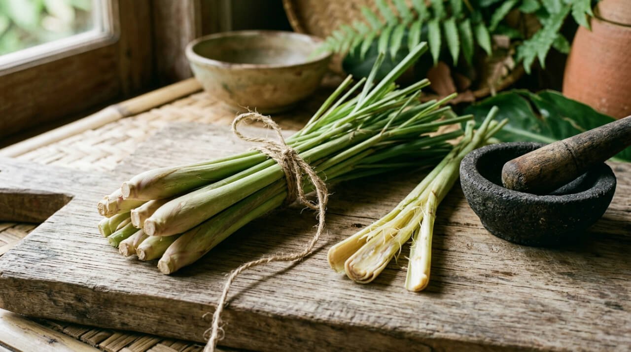 Fresh lemongrass stalks tied in a bundle on a teak board with one stalk bruised open
