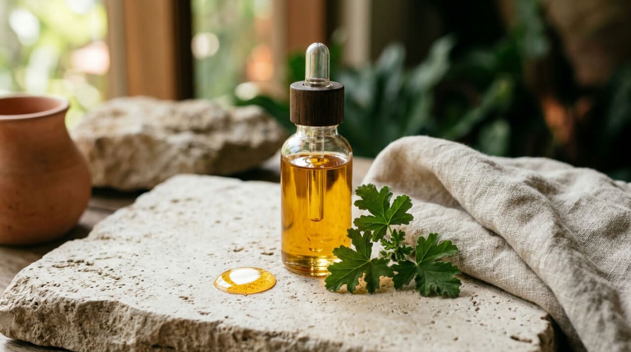 Glass dropper bottle of face oil on limestone beside linen and rose geranium leaves