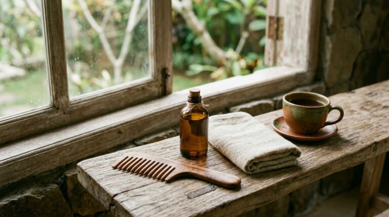 Wooden comb, small glass bottle of hair oil, linen towel and a cup of tea on a teak bench in morning light