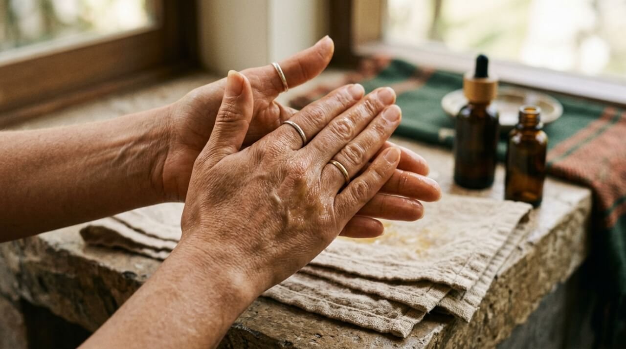 hands warming facial oil during a slow morning ritual