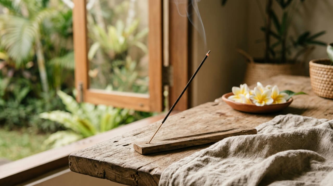 Single incense stick burning in a wooden holder on a teak table in morning light