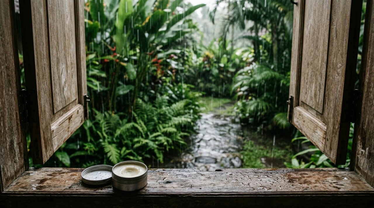 Rain falling outside an open wooden window with a tin of body balm on the sill