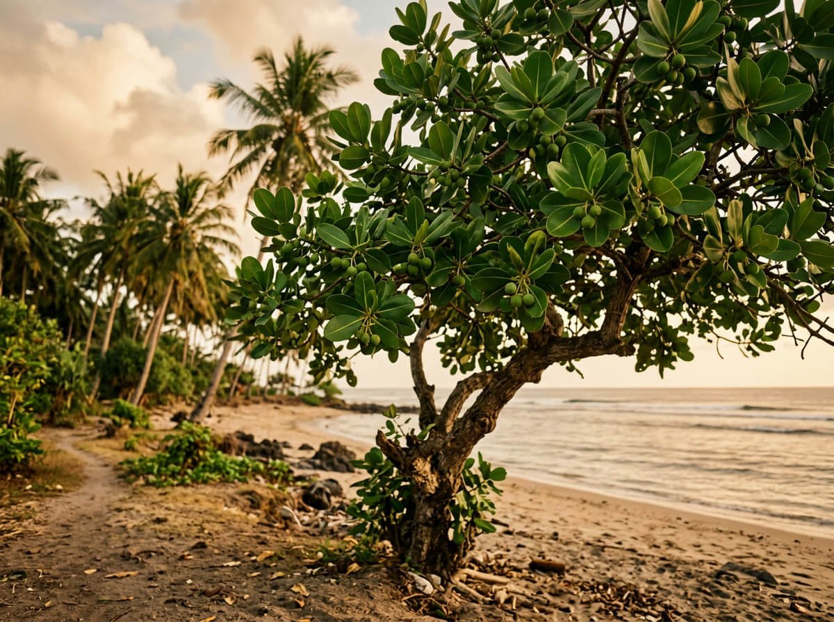 A nyamplung (tamanu) tree with round green fruits on the Balinese coast