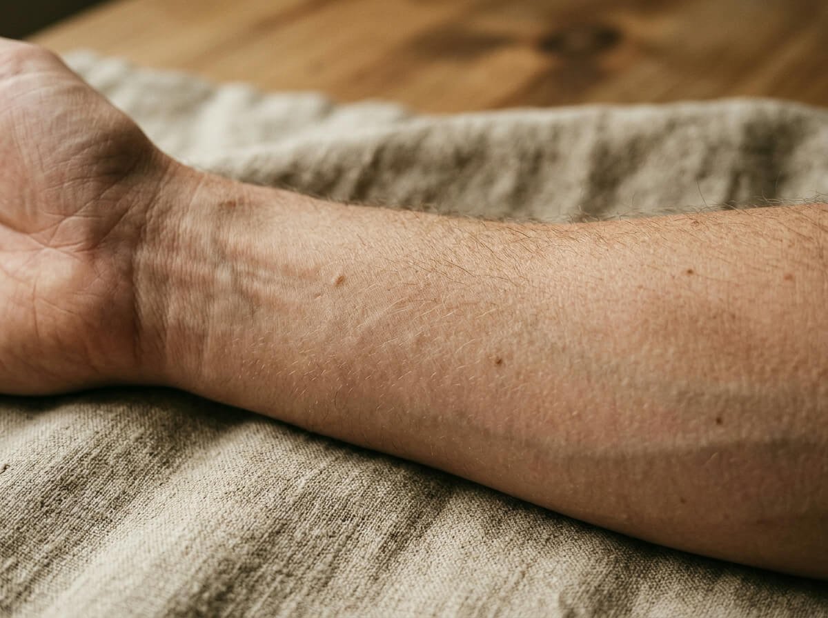 Dry, matte skin on an inner forearm resting on linen