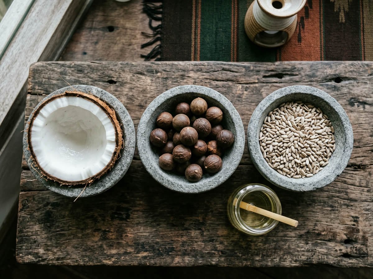 Coconut, tamanu nuts, and sunflower seeds, the carrier oils that do the barrier work