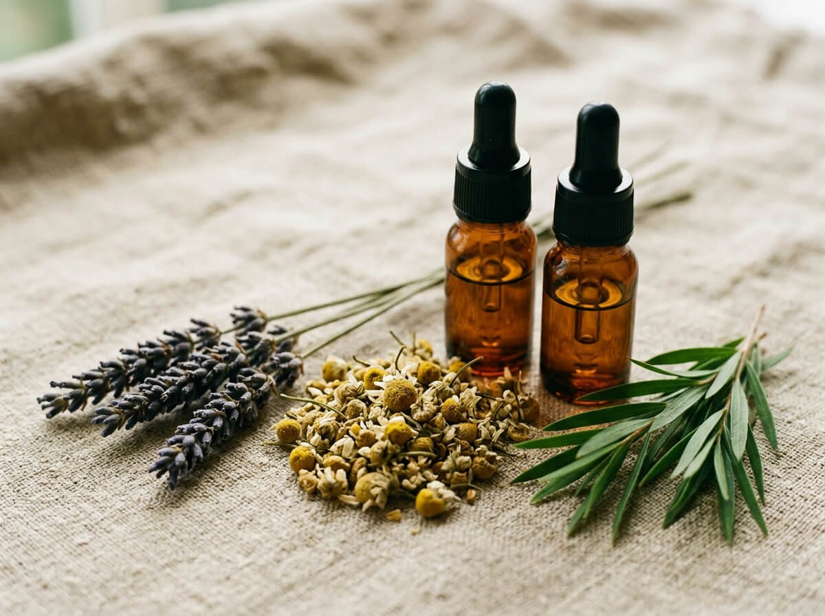 Lavender, chamomile, and tea tree beside small dropper bottles
