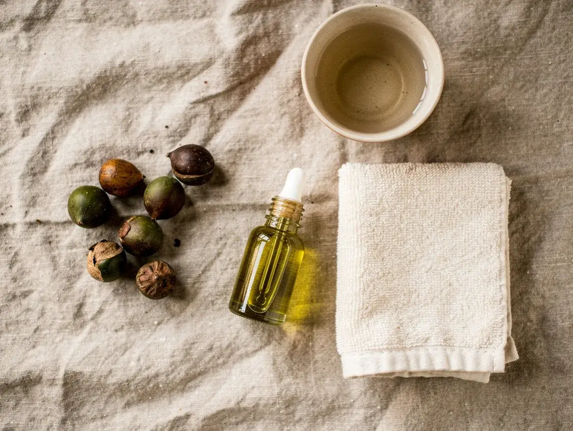 A calm flat lay of tamanu oil, cotton, and water for gentle eczema care